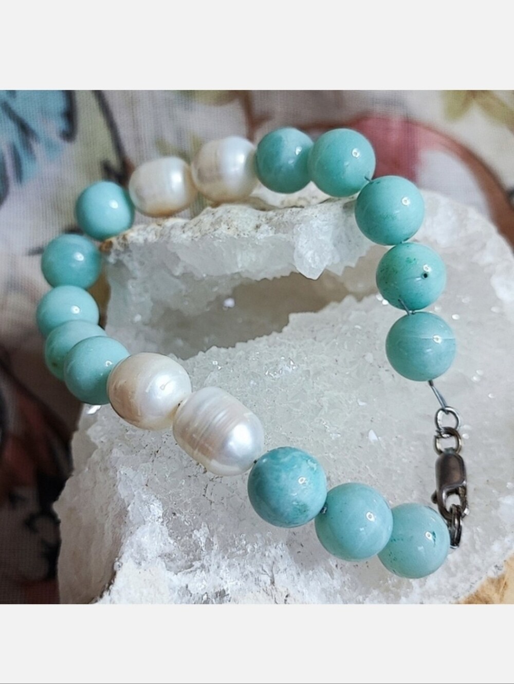 Amazonite Stone Potato Pearls Sterling Clasp Wired Artisan Bracelet